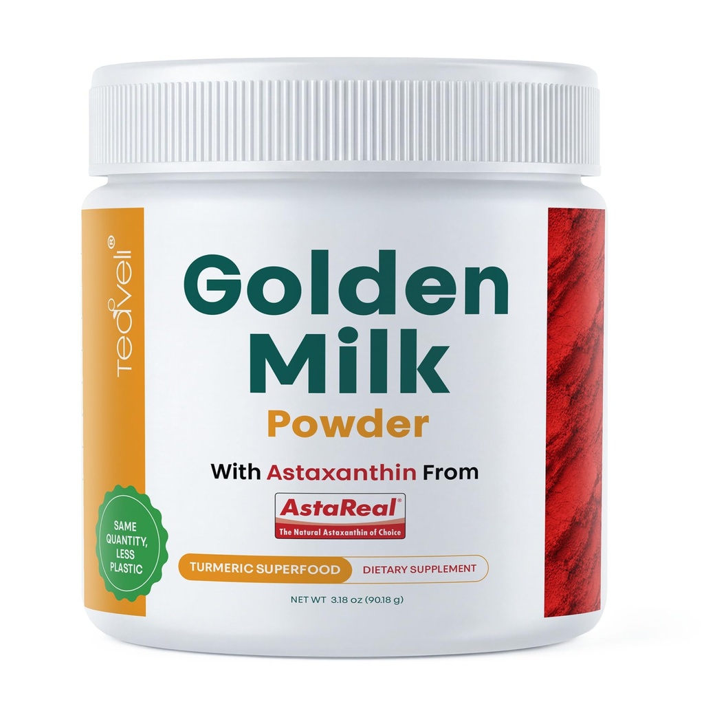 Golden Milk Powder with Astaxanthin, Turmeric, Ginger & Natural Prebiotics| Delicious Antioxidant Formula with 10 Ingredients Including KSM66 Ashwagandha & Bioperine | Unsweetened | 30 Servings