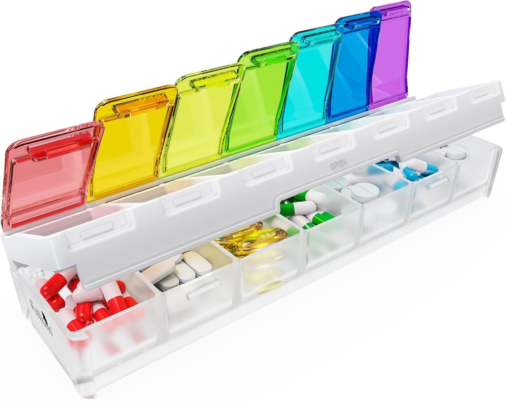 Fullicon Weekly Pill Organizer 7 Day Quick Fill & Spill Bevis Designet Stor Pill Box med Free Labels Travel Medicine Organizer for Medicine, Vitamin, Fish Oil, Supplement (Rainbow Clear)