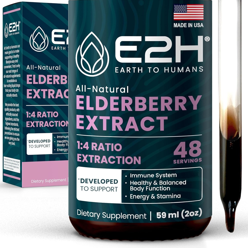 E2H Elderberry Syrup - Powerfull Antioxidants Supplement fra Organic Elderberry Extract - Sambucus Elderberry Syrup til børn og voksne til immunstøtte - ikke-GMO, Vegan - 2 Fl Oz
