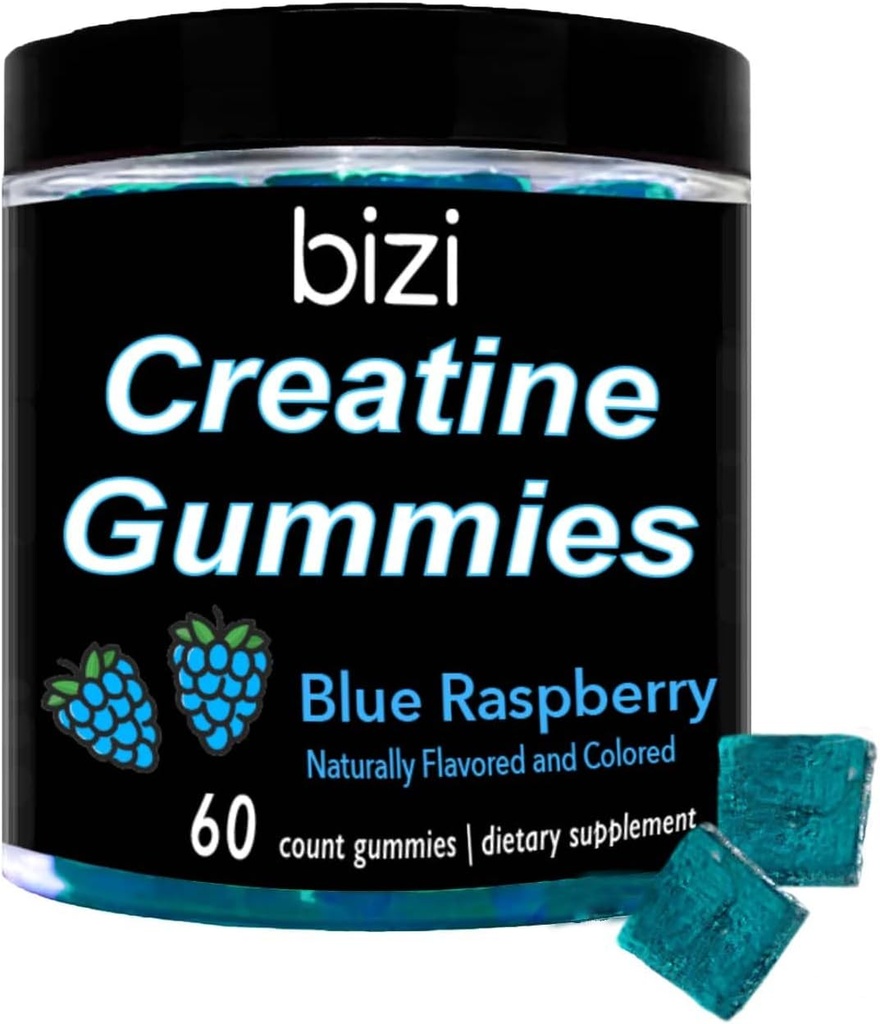 Bizi Creatinine Gummys for Mænd & Kvinder - 1g Creatinine Monohydrat per Gummy - Watermelon Flavor - Workout, Muscle Growth, og Recovery Supplement- Vegan & Gluten Free (60 ct) (Blue Raspberry)