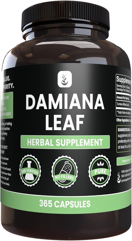 PURE ORIGINALSKE INGREDIENSER Damiana Leaf (365 kapsler) Ingen Magnesium eller Rice Fillers, altid Pure