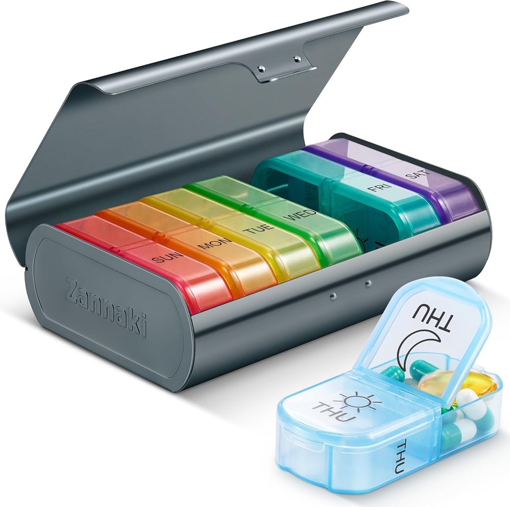 Zannaki Metal XL Weekly Pill Organizer 2 gange om dagen, Stor rejse Daily Pill Box 7 dag, Portable Uge To Pill Holder Container, AM PM Pill sag for Medicin Vitamin Medicin supplement, Grey