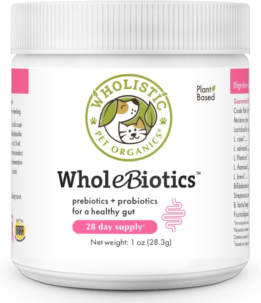 Wholistic Pet Organics WholeBiotics - Daily Dog Probiotika til fordøjelsesstøtte & immunboost - 9 Stammer - Prebiotika & Probiotika til hunde & katte - Gut Sundhed for hunde - 1 Oz - 28 Scoops