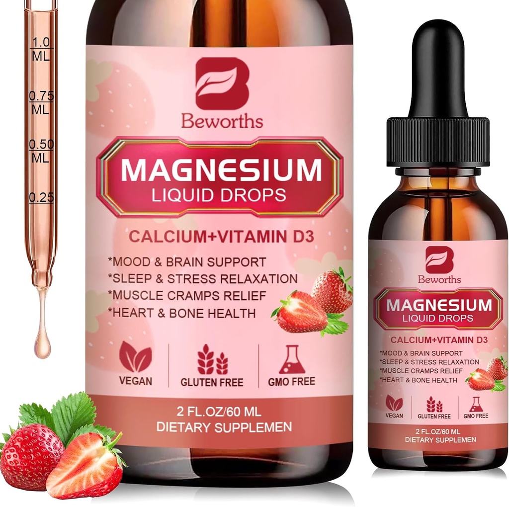 Magnesium Liquid Drop, Magnesium Glycinate Supplement Complex med Magnesium Taurat, Citrat, Calcium, Kalium, Vitamin, Zink - Support Afslapning, Energi og tarm sundhed