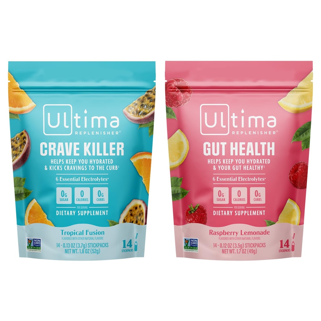 Ultima Replenisher Electrolyte Powder Drink Bundle - Sugar Free - Crave Killer and Gut Health, 14 Stickpacks - 6 Electrolytes and Minerals - Keto Friendly, Vegan, Non- GMO