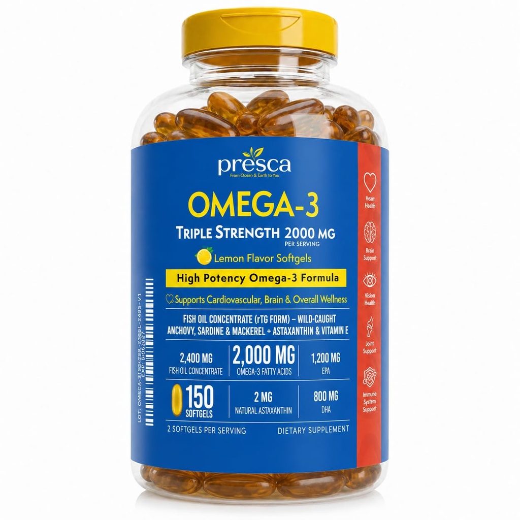 Triple Strength Omega 3 Fish Oil 2000mg – 1200mg EPA & 800mg DHA – rTG Triglyceride Form Fish Oil Supplement with Astaxanthin & Vitamin E – Wild Caught Omega-3 Softgels, Lemon Flavor, 150 Count