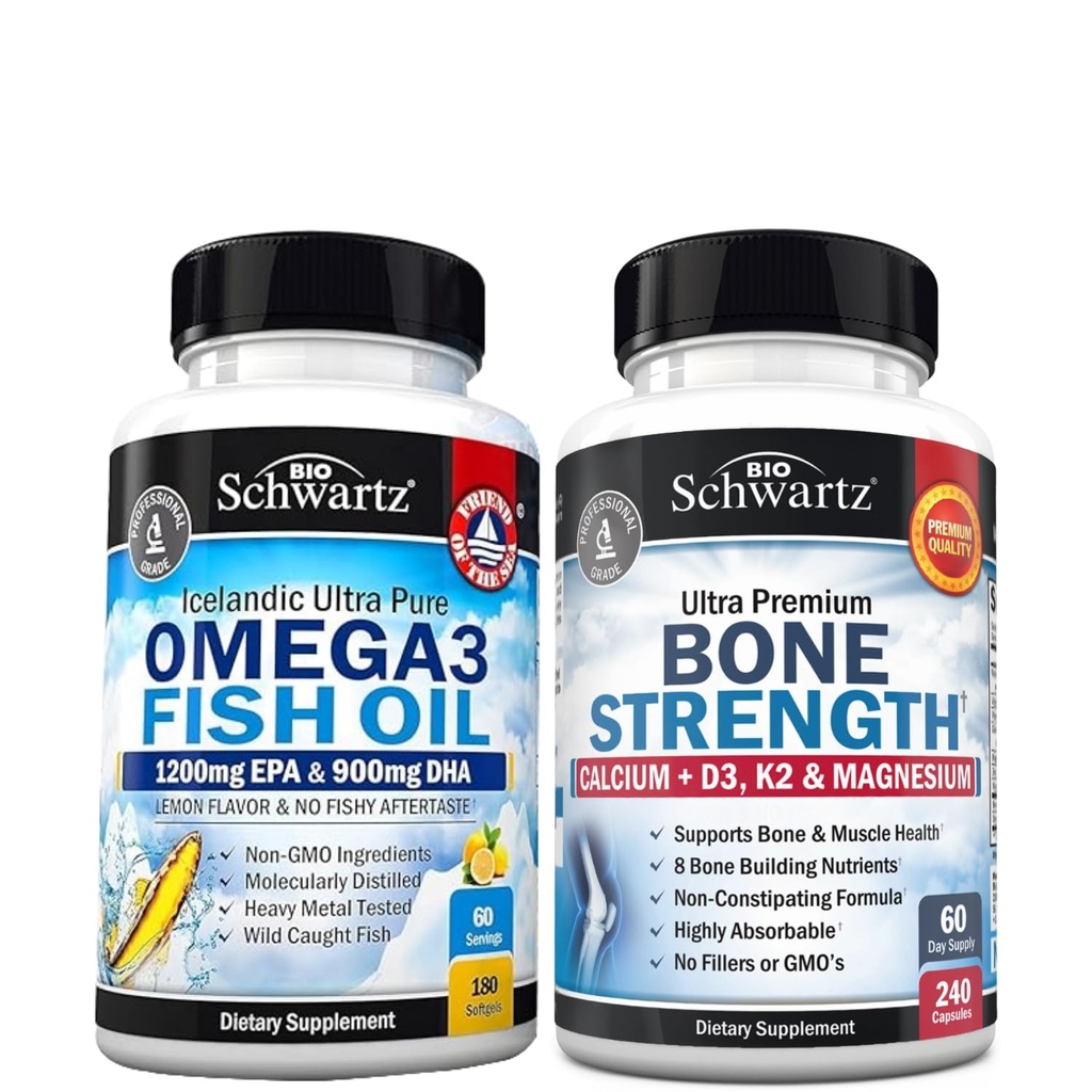Bone Strength Mineral Supplement with Calcium and Magnesium (2 Month Supply) Plus Triple Strength Omega 3 Fish Oil Softgels (2 Month Supply)