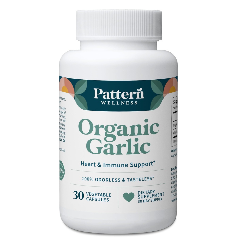 Mønster Wellness Odorless Organic Hvidløg - 1000mg - Immunation, Circulatory & Heart Health Support - Non-GMO & Gluten Free - 30 Veganske kapsler