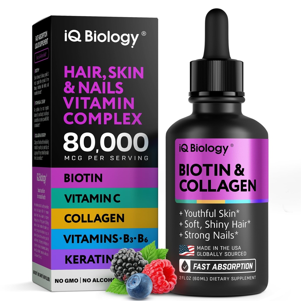 Flydende biotin til hårvækst, hud & negle - 80.000 mcg hår vitaminer dråber - Ekstra styrke Biotin 5000mcg, Collagen, Keratin med Hyaluronsyre - Multivitamin supplement til kvinder & mænd - 2 fl oz