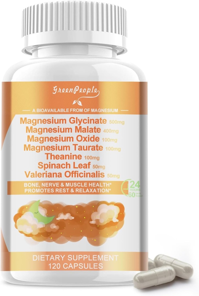 Magnesium Glycinat 500 mg per servering, med malat, taurat & oxid, Magnesiumtillæg for muskel, ben, søvn og fordøjelsesstøtte, 120 Vegankapsler, non- GMO