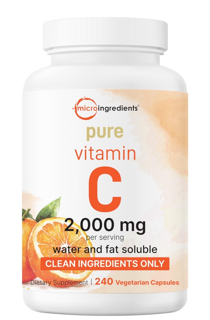 Pure Vitamin C 2,000mg, 240 Veggie Capsules | Highly Bioavailable Fat & Water Soluble Forms | Max Potency | Antioxidant & Immune Support Supplement | Easily Absorbed, Non-GMO, Filler Free