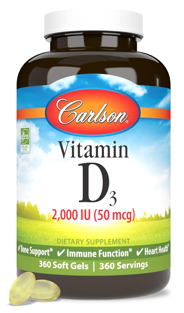 Carlson - Vitamin D3, 2000 IU (50 mcg), Bone & Immune Health, Vitamin D Supplements, Cholecalciferol Supplement, Gluten Free Vitamin D Capsules, 360 Softgels