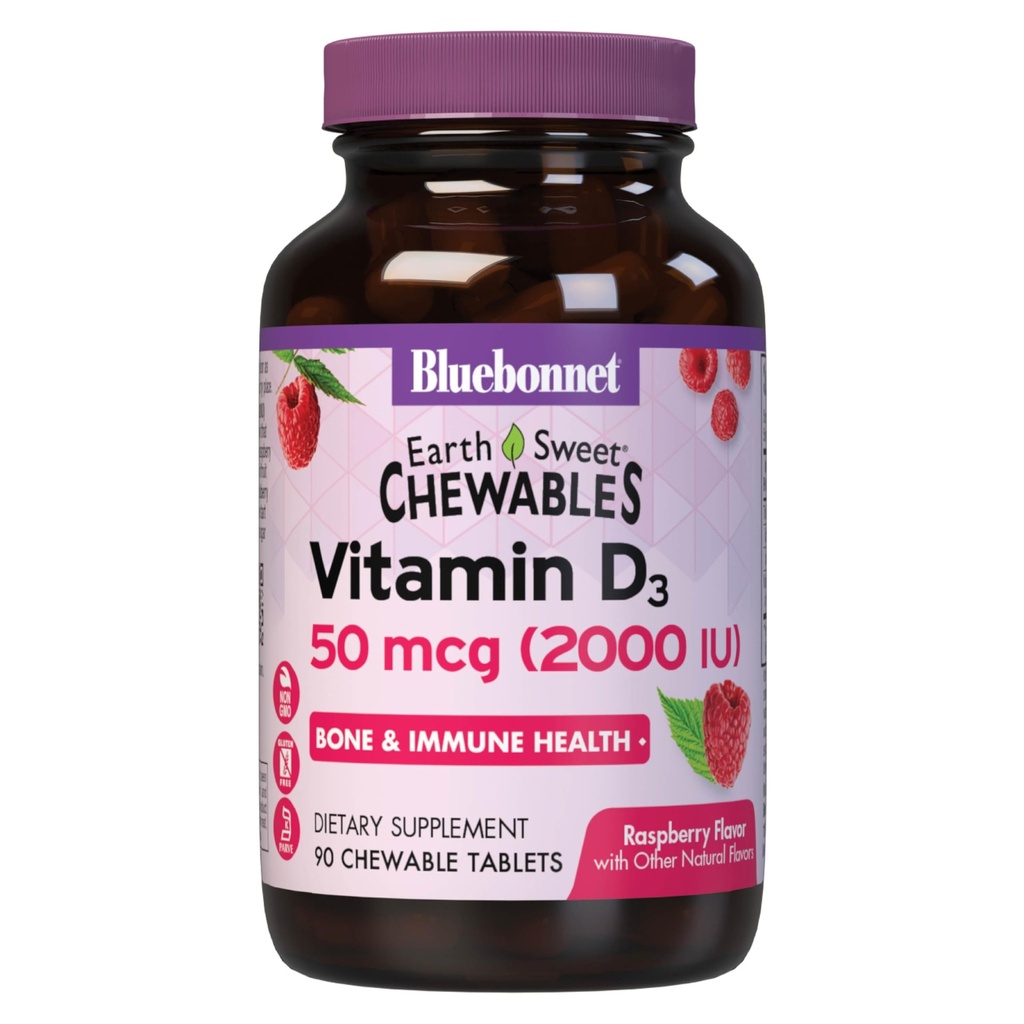 Bluebonnet Nutrition Earth Sweet Vitamin D3 2000 IU Chewable Tablets, Aids in Muscle and Skeletal Growth, D3, Non GMO, Gluten, Free, Soy Free, Milk Free, Kosher, 90 Chewable Tablets, Raspberry Flavor