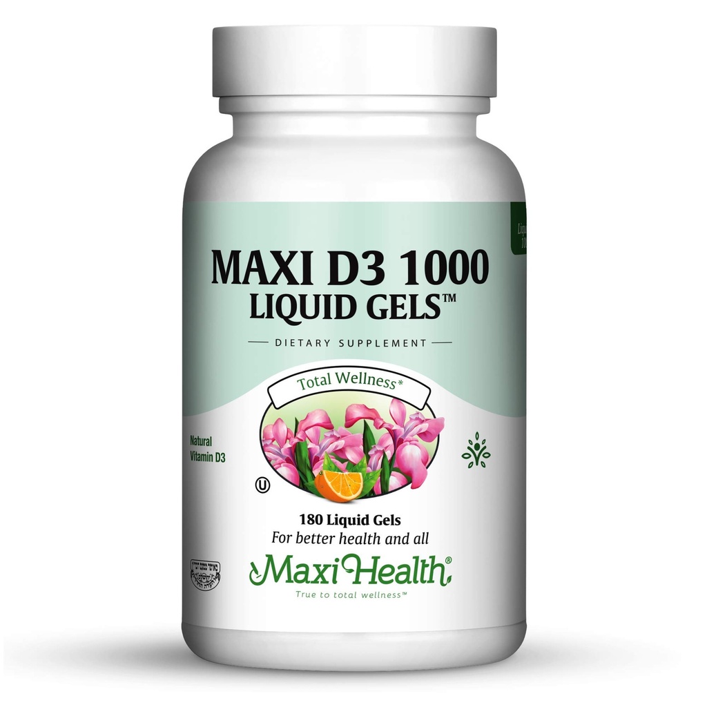 Maxi Health Vitamin D3 1000 IU Dietary Supplement - Easy to Swallow - Odorless & Tasteless - Supports Calcium Absorption, Immune Health and Bone Health in Adult Women & Men - 180 Liquid Gels
