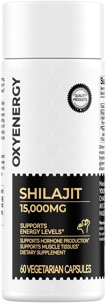 OxyEnergy Shilajit kapsler til mænd og kvinder, Pure Himalayan Shilajit 15,000mg, Stamina & immunforsvar, 60 vegetariske kapsler