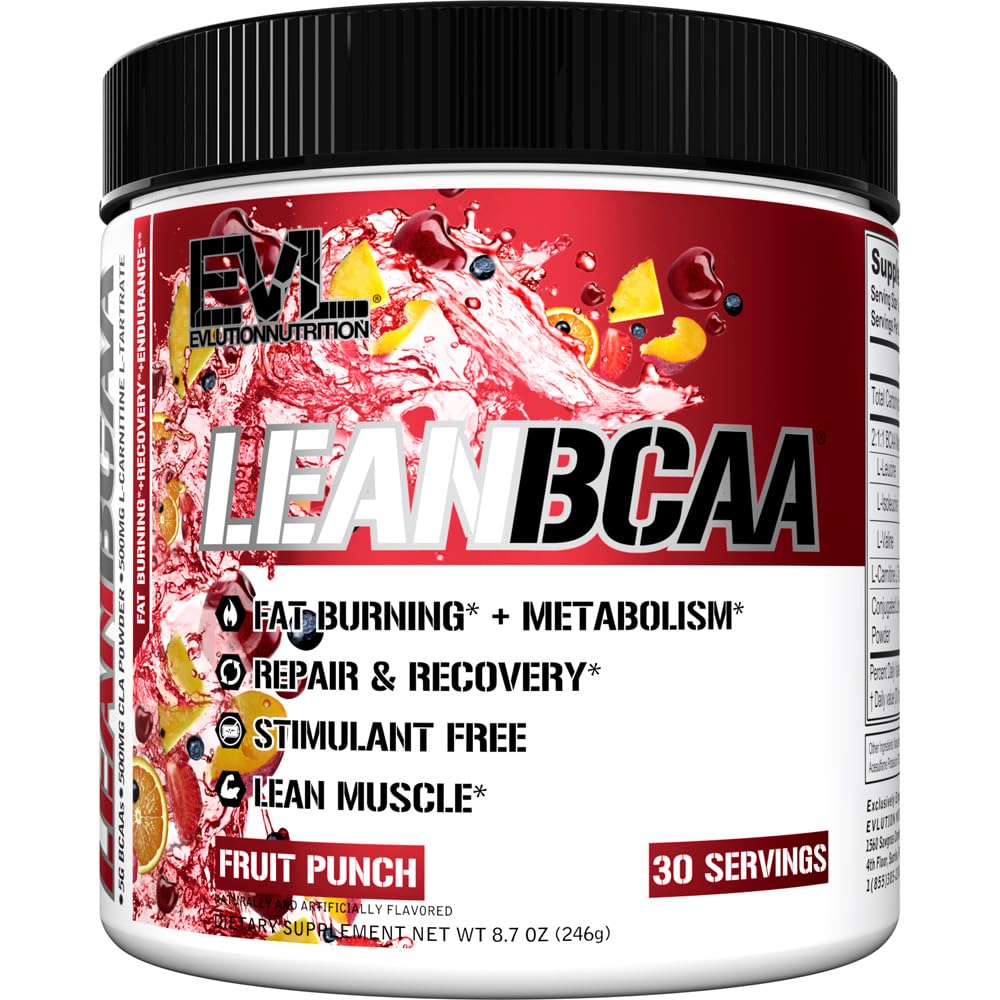 Stimulerende fri Lean BCAA pulver - Evolution Nutrition BCAAs Aminosyrer Pulver med CLA Carnitin og 2: 1: 1 Forgrenet kæde Aminosyrer Understøtter Muscle Recovery Fat Burn og Metabolisme - Frugt Punch