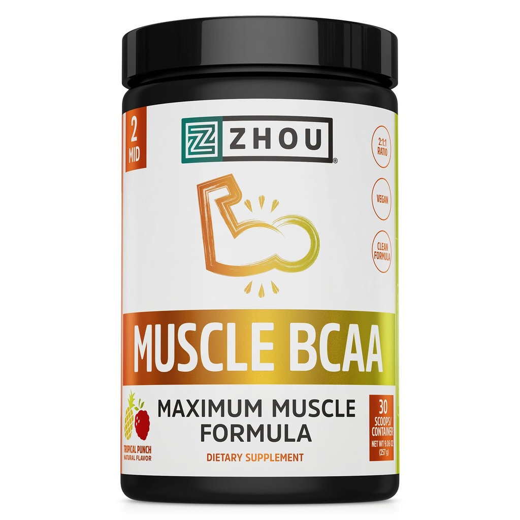 ZHOU Muscle BCAA - Vegansk BCAA pulver, BCAA Kosttilskud til mænd og kvinder, Support Muscle Health, Drik for energi, Alle naturlige forgrenede kæde Aminos - Tropical Punch, 11.6 oz (30 Servere)