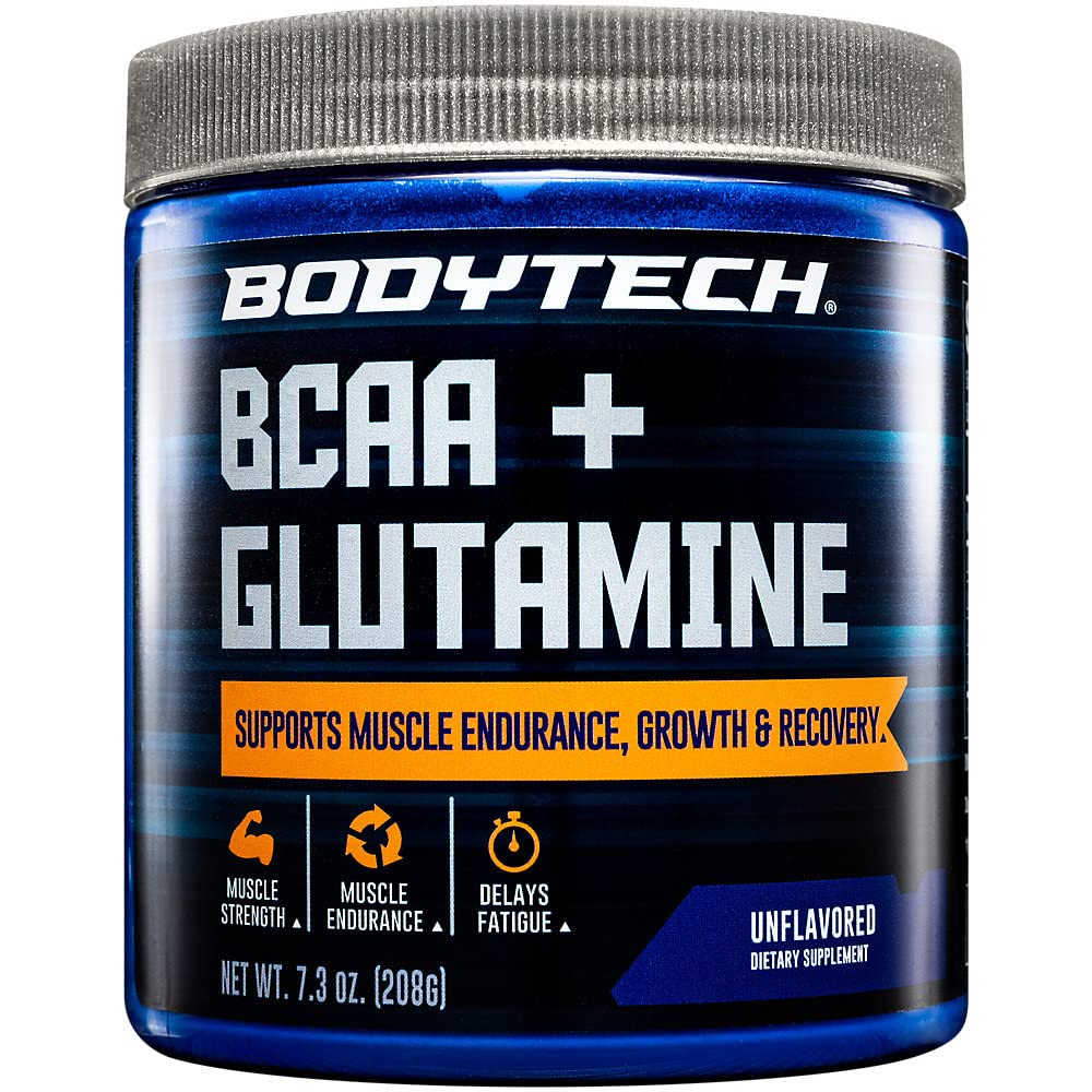 BodyTech BCAA + Glutamin Pulver med C-vitamin, L Glutamin & mere, Essential Pre Workout eller Post Workout Aminosyrer til mænd og kvinder, Unflavored, 7.3 Oz, 30 Servering