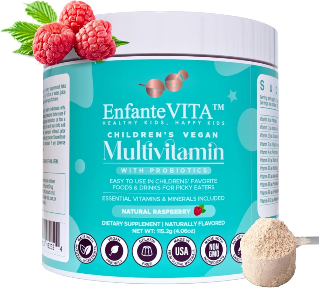 Alt i én kids vitaminer, 90 dages forsyning, pulver Multivitamin med probiotika, immunstøtte, Gut sundhed, Vegan D3, Sukker fri, ikke GMO, Natural Flavor, Doctor Formuleret, Daglig ernæring