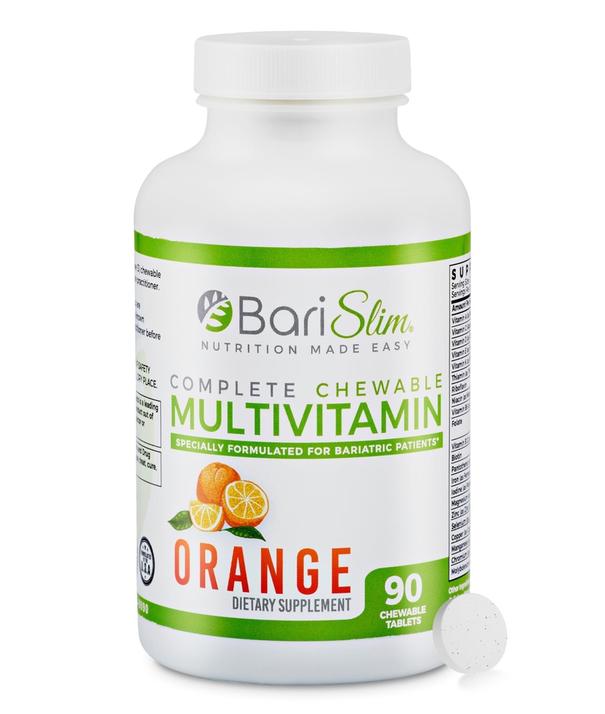 BariSlim Complete Chewable Bariatric Multivitamin Tablets - 45 mg Iron Bariatric Vitamin & supplement til indlæg Bariatric Kirurgi herunder Gastric bypass & Sleeve - Lækker & Praktisk Medical 124; Orange