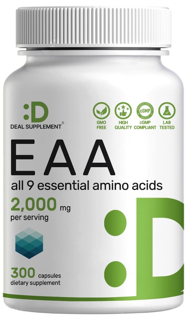 Essentielle aminosyrer (EAA) 2000 mg per servering, 300 kapsler - uden smag - 9 i 1, Alle BCAA (Branched- Chain Aminos) - Lean Muscle Support & Natural Pre Workout Supplement