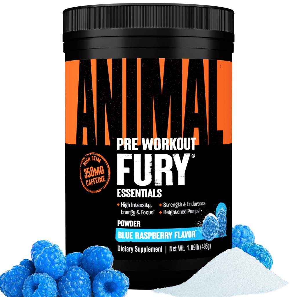 Animal Fury - Pre Workout pulver supplement til energi og fokus - 5g BCAA, 350mg Koffein nitrogenoxid uden Creatin - Kraftfuld Stimulant til Bodybuildere - Blå Hindbær