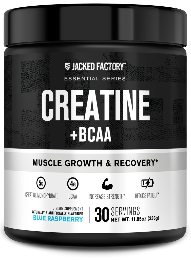 Jacked Factory Creatin + BCAA - Creatinine monohydrat + BCAA pulver til øget post-workout inddrivelse, ydeevne, Lean muskelvækst, og reduceret træthed - 30 Servering, Blå Hindbær