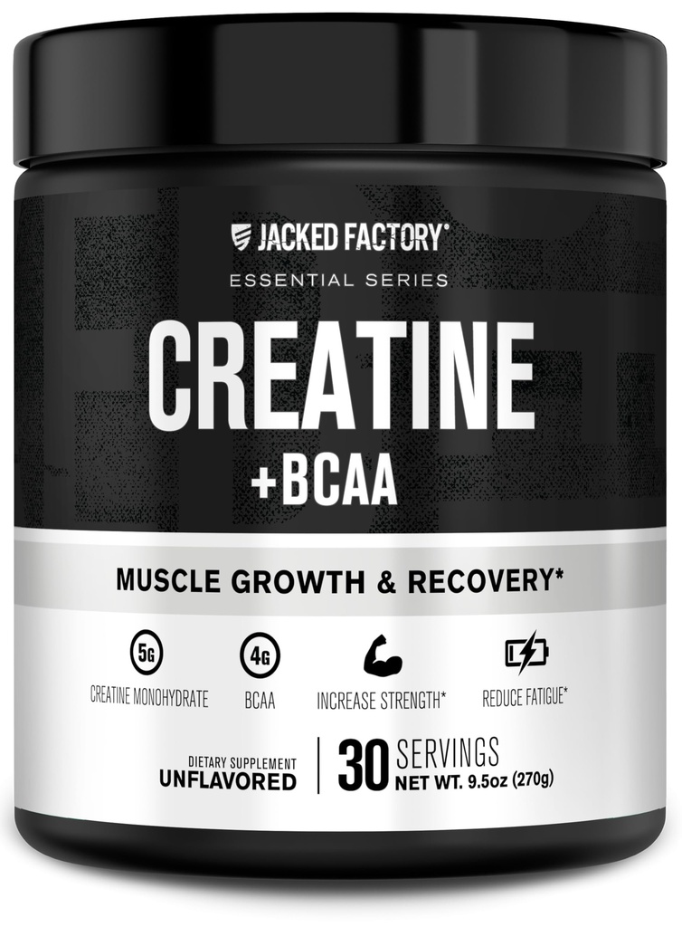 Jacked Factory Creatine + BCAAs - Creatine Monohydrate + BCAA Powder for Increased Post-Workout Recovery, Performance, Lean Muscle Growth, & Reduced Fatigue - 30 Servings, Unflavored