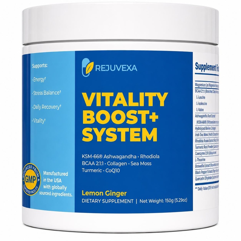 Vitality Boost+ System | 500mg Ashwagandha KSM-66 + Magnesium Powder Supplement for Women & Men with CoQ10, BCAA & Turmeric – Energy, Stress Relief, Mood, Sleep, Recovery & Immune Support,USA