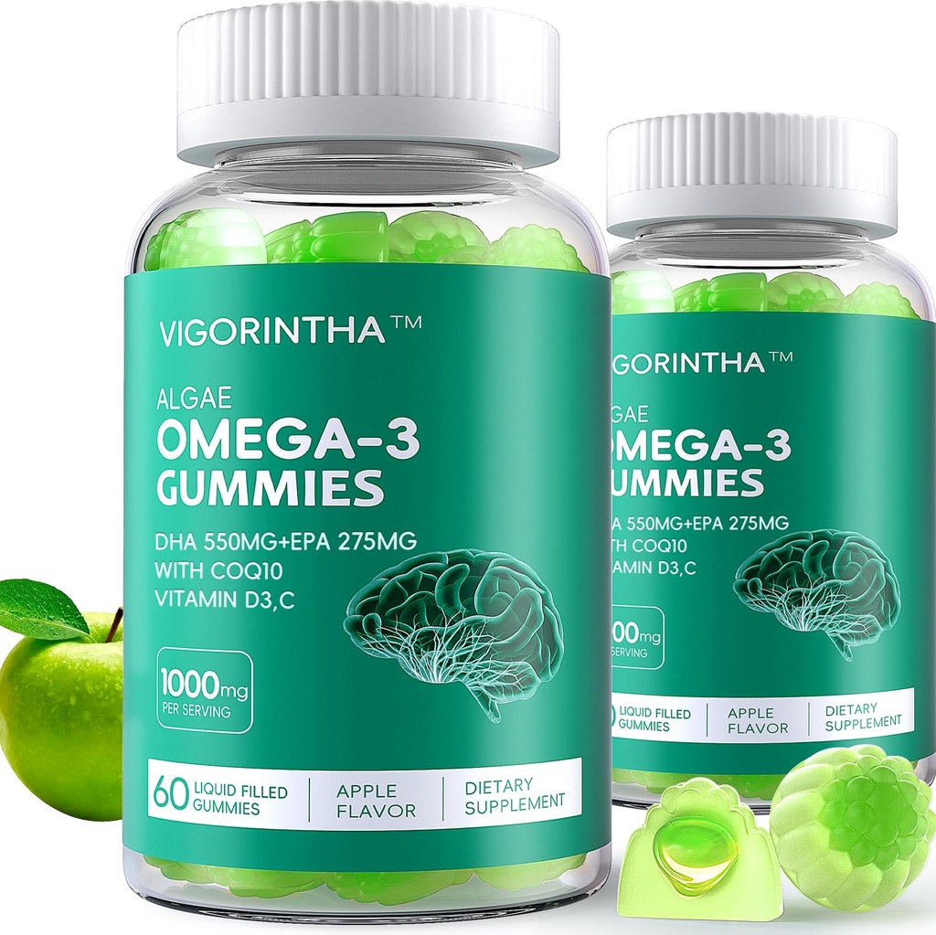 Vegan Omega-3 Algae Oil Supplement with DHA 300mg & EPA 150mg, Plant-Based Omega-3 with Vitamin D3 & K2, Fish-Free Algal Oil Softgels for Men & Women, 2 Pack, 120 Softgels, 60 Day Supply