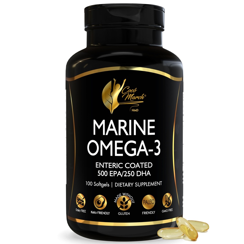 Cocó March N.M.D Marine Omega-3 Fish Oil – High Potency Omega 3 Supplement with 500 mg EPA & 250 mg DHA – Enteric Coated, No Fishy Burps & Aftertaste – Omega-3 Fish Oil for Women & Men, 3-Month Supply