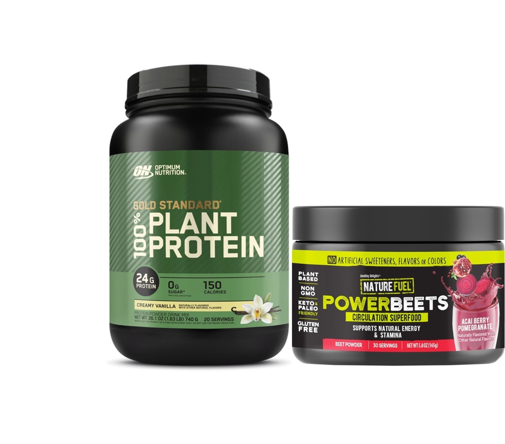 Optimum Nutrition Gold Standard 100% Plant Based Protein Powder, Creamy Vanilla, 20 Servings + Healthy Delights Nature Fuel Power Beets Powder, Acai Berry Pomegranate, 30 Servings (Packaging May Vary)