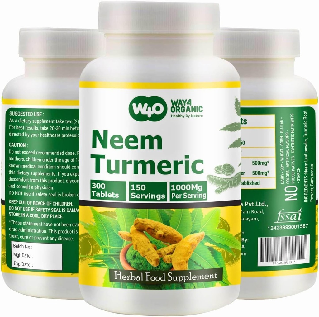 Neem Gurkemeje (tabletter) - højpotens Azadirachta Indica tabletter, Neem blade og gurkemeje i lige forhold - 300 tabletter, 150 servering, 1000 Mg. Pakning med 1 stk.