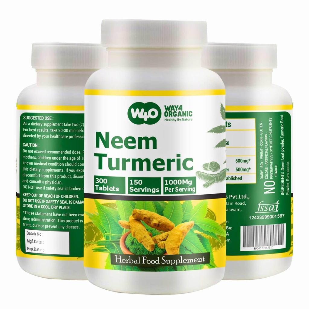 Neem Gurkemeje (tabletter) - højpotens Azadirachta Indica tabletter, Neem blade og gurkemeje i lige forhold - 300 tabletter, 150 servering, 1000 Mg. Pakning med 1 stk.