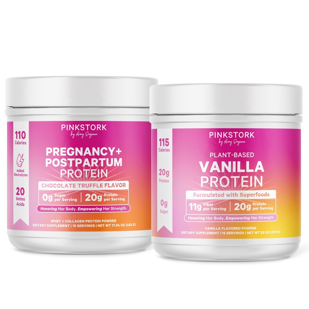 Pink Stork Pregnancy & Postpartum Protein Powders for Women, Prenatal & Breastfeeding Protein Shake Mix for Energy, Recovery & Hydration, Chocolate and Vanilla, Whey Protein and Pea Protein Bundle