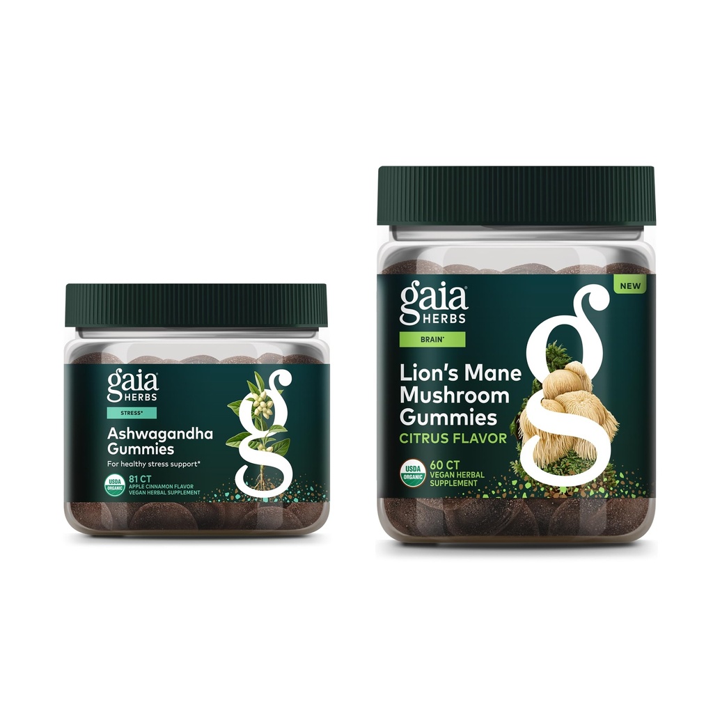 Gaia Herbs Organic Ashwagandha Gummies, Stress Support*, Made with Cinnamon, Ginger, 81ct - Lion's Mane Mushroom Gummies, Brain Support Supplement*, Organic Lion's Mane Mushrooms, 60ct - Bundle