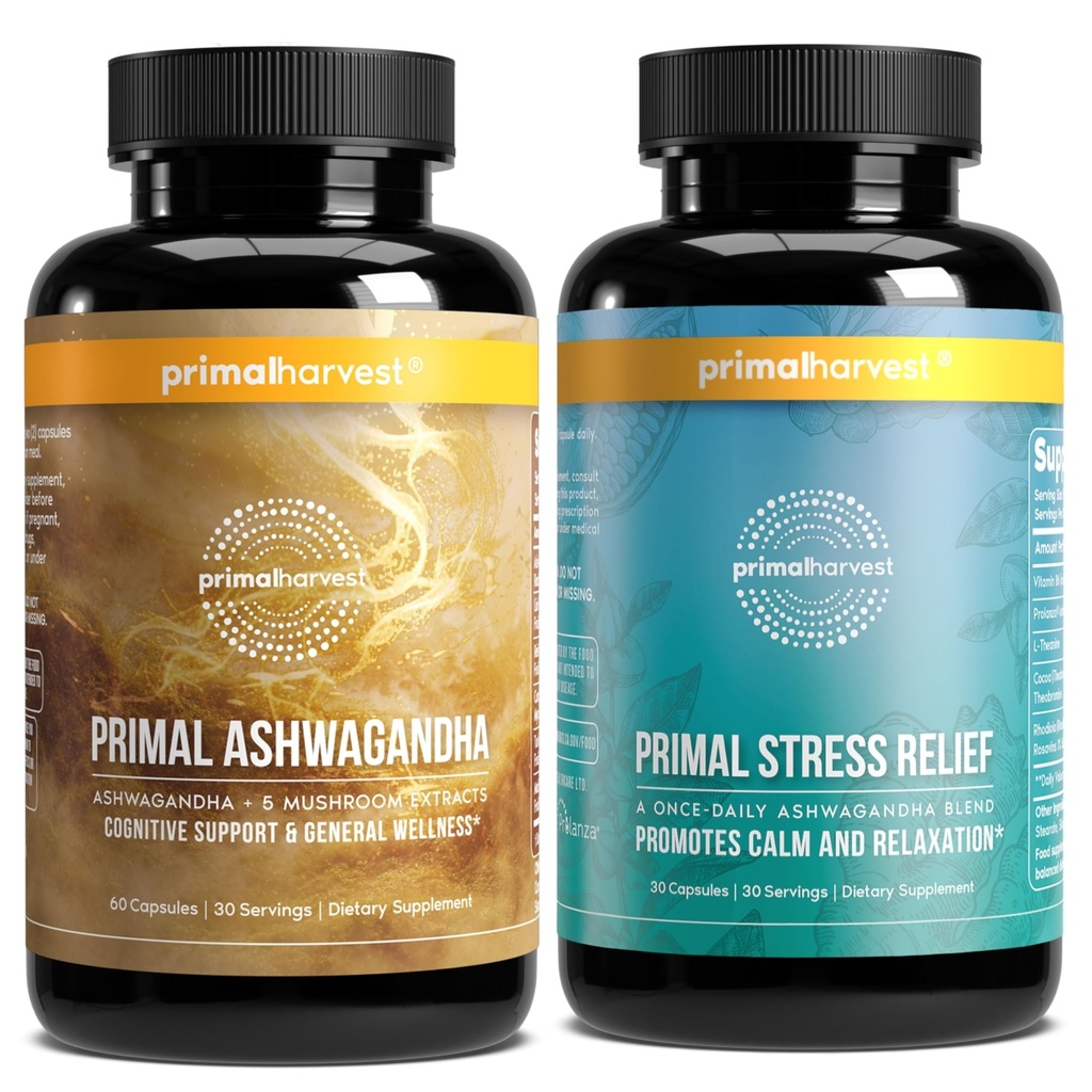 Primal Harvest Daily Two-Step Routine | Ashwagandha + Stress | 2 Pack | 30 Day Supply