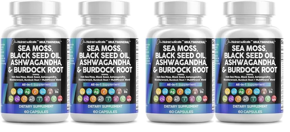 Clean Nutraceuticals Sea Moss Black Seed Oil Ashwagandha Turmeric Bladderwrack Burdock & Vitamin C Vitamin D3 with Elderberry Manuka Dandelion Yellow Dock Iodine Chlorophyll ACV - 2Pack (Pack of 2)