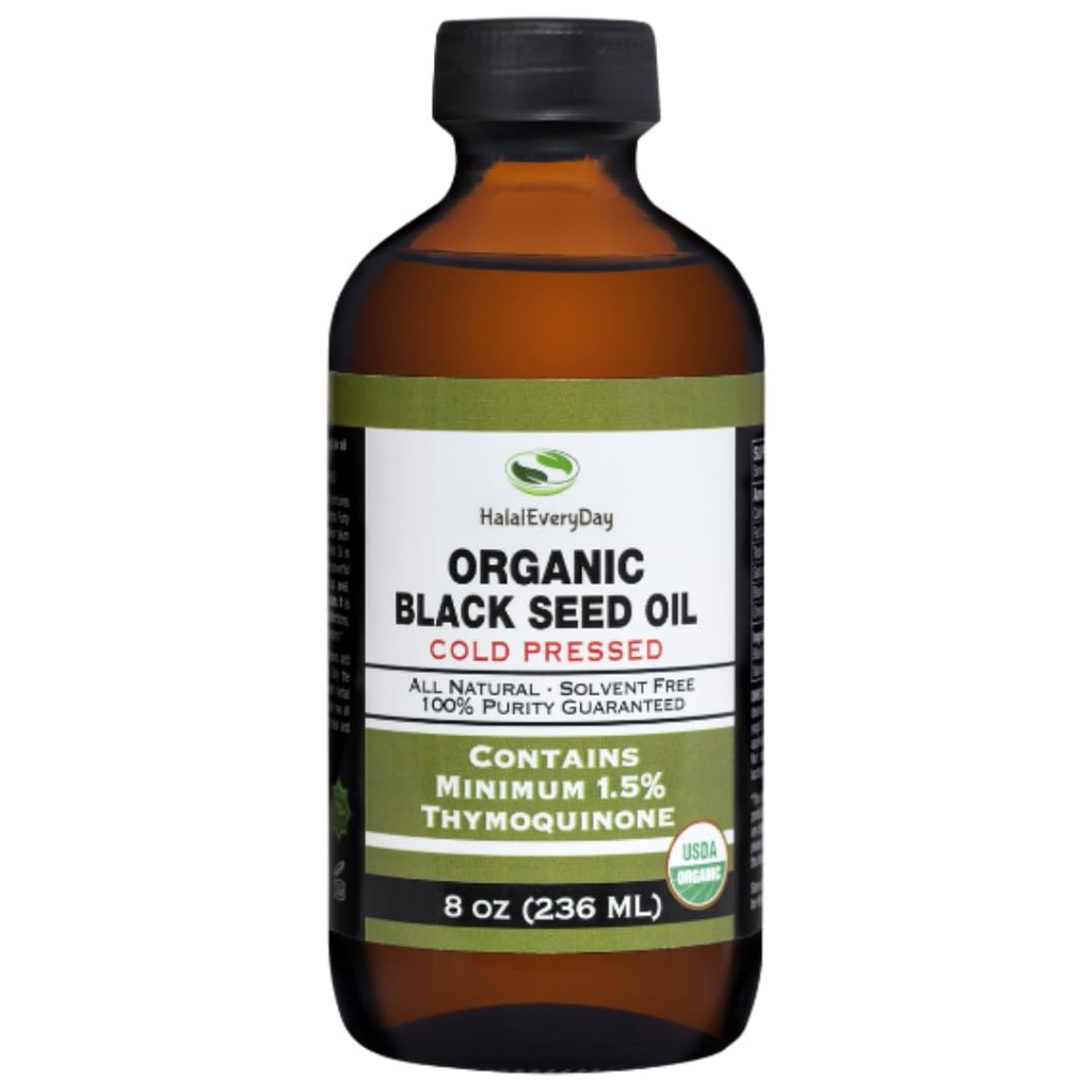 Organic Black Seed Oil - USDA Certified Cold Pressed Glass Flaske Over 1,5% Thymoquinone 3X styrke Tyrkisk Black Cumin Nigella Sativa non-GMO 100% Pure Blackseed Oil (8oz glasflaske)