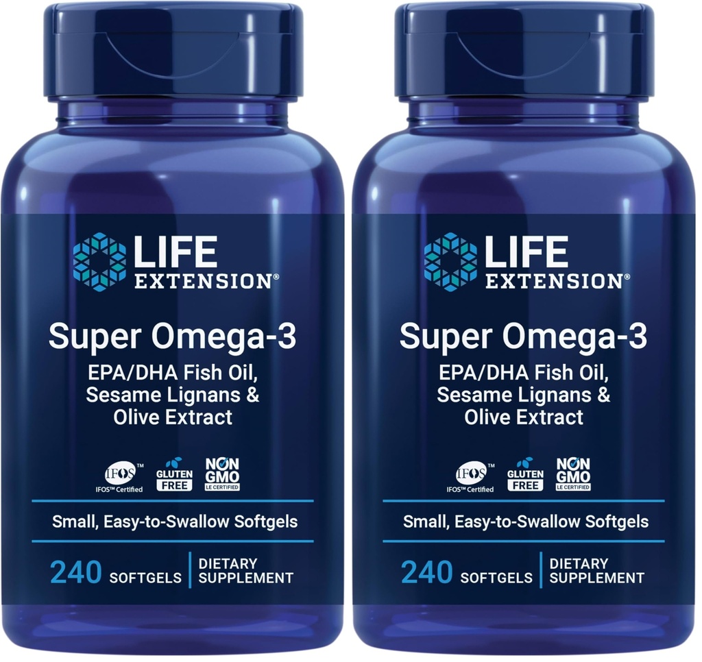 Life Extension Super Omega-3 EPA / DHA Fish Oil, Sesame Lignans & Olive Extract - Heart, Brain, Inflammation Health Support, Gluten- Free, Easy to Swallow, Non- GMO, 240 Softgels (Pack of 2)