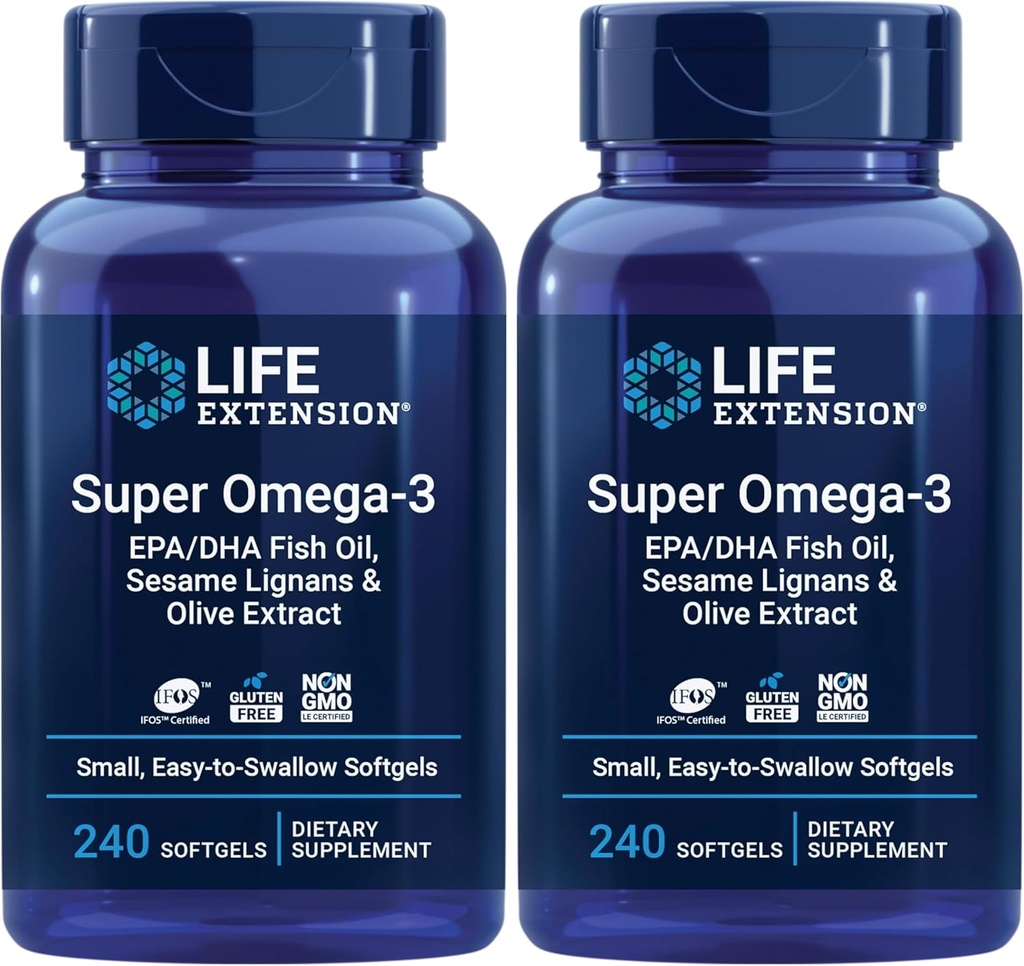 Life Extension Super Omega-3 EPA / DHA Fish Oil, Sesame Lignans & Olive Extract - Omega 3 Supplement - for Heart Health and Brain Support - Gluten Free, Non- GMO - 240 Easy- to- Swallow Softels