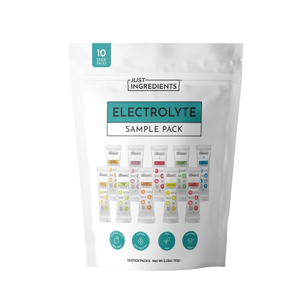 JUST INGREDIENTS Electrolyte Sample Pack – 10 Stick Variety | Hydration Powder Packets | Real Fruit Electrolytes | 3:1 Potassium to Sodium Ratio | No Sugar Added | Travel Drink Mix