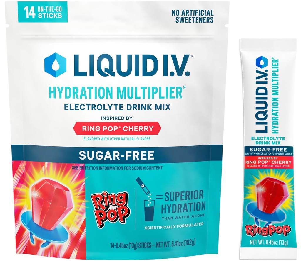 Liquid I.V.® Hydration Multiplie® Sugar-Free - Ring Pop Cherry | Electrolyte Powder Drink Mix | 1 Pack (14 Servings)