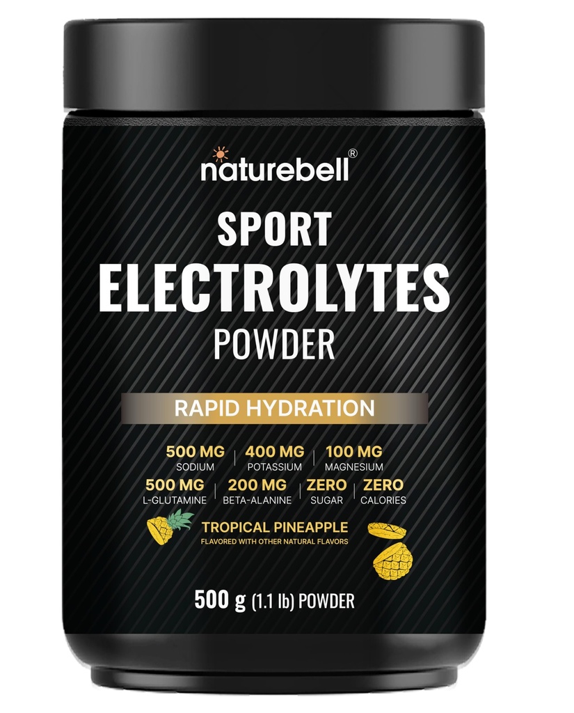 Sport Electrolytes Powder No Sugar, 500g (52 Servings) | Electrolyte Hydration Drink Mix with Sodium, Potassium, Magnesium, L-Glutamine, Beta Alanine, & Coconut Water – Tropical Pineapple Flavor