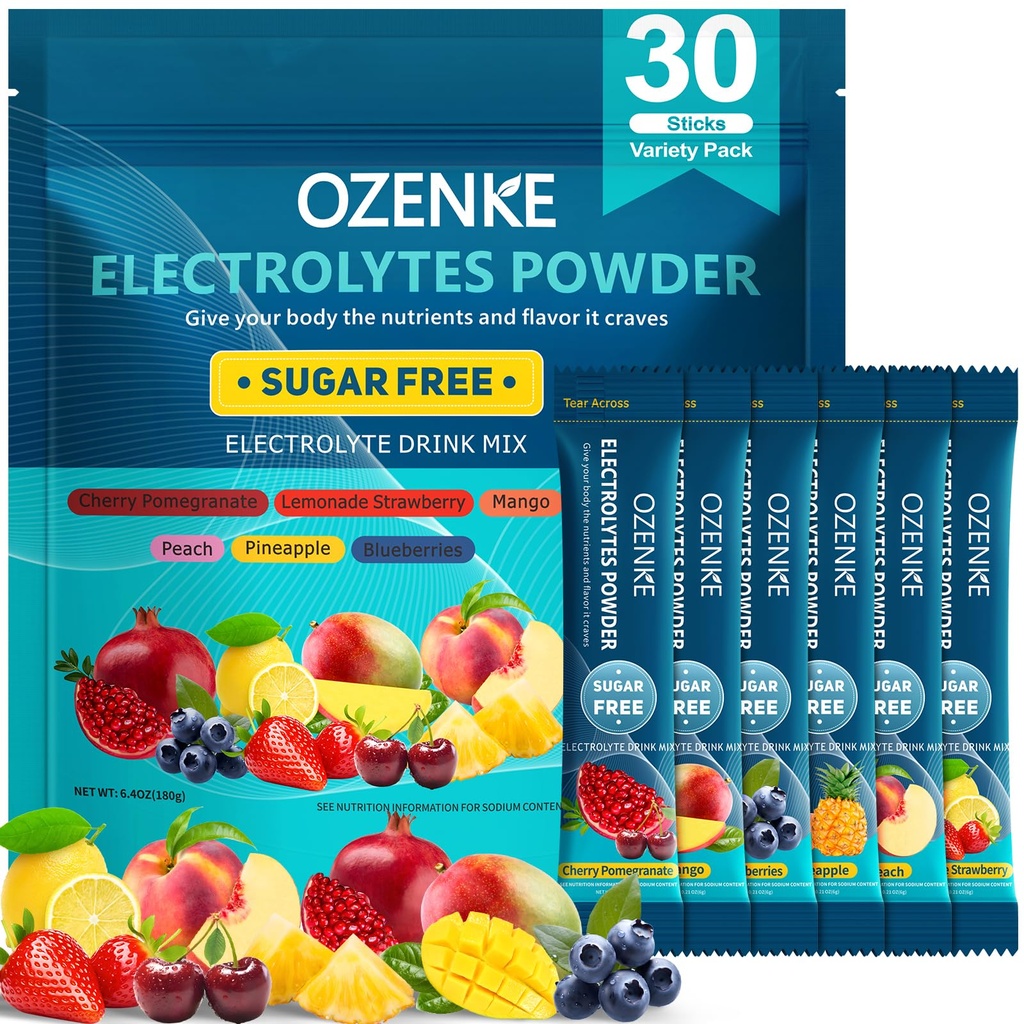 Electrolytes Powder Packets, 30 Sticks Sugar Free Hydration Packets, Electrolyte Drink Mix Travel Electrolyte Packet for Rapid Hydration, 6 Flavors