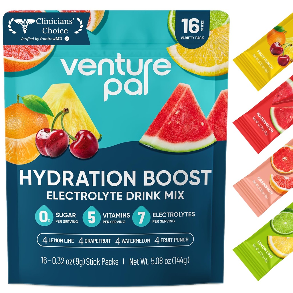 Venture Pal Sugar Free Electrolyte Powder Packets - Liquid Daily IV Hydration Packets for Rapid Rehydration | 7 Electrolytes & 5 Vitamins | Keto Friendly | Non-GMO | Vegan | Fast Dissolve | 16 Sticks