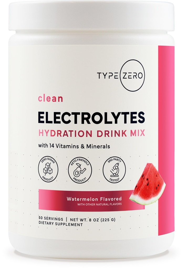 Type Zero Clean Electrolytes Hydration Powder Drink Mix + 14 Essential Vitamins & Minerals - Sugar Free, Zero Artificial Ingredients - Watermelon Flavor, 50 Servings