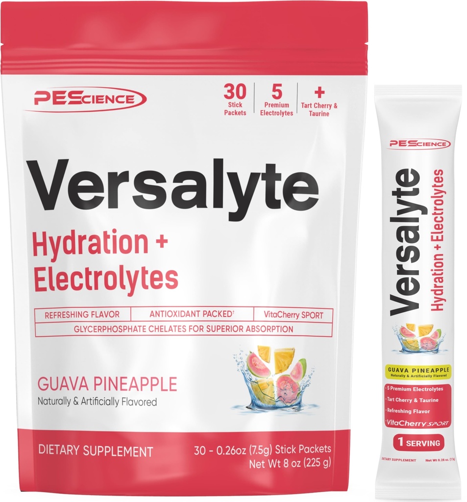 PEScience Versalyte Electrolyte Hydration Packets, Sugar Free Electrolyte Powder with Magnesium, Taurine, Antioxidants, Trace Minerals, Low Sodium - Guava Pineapple, 30 Servings
