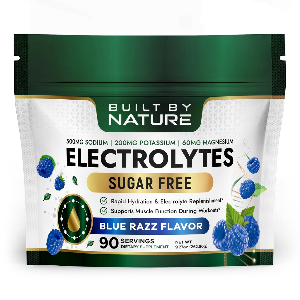 Built by Nature Electrolytes Powder – Hydration & Electrolyte Drink Mix – Sugar Free Electrolytes Powder for Hydration, Energy & Recovery – Blue Razz Flavor, 90 Servings