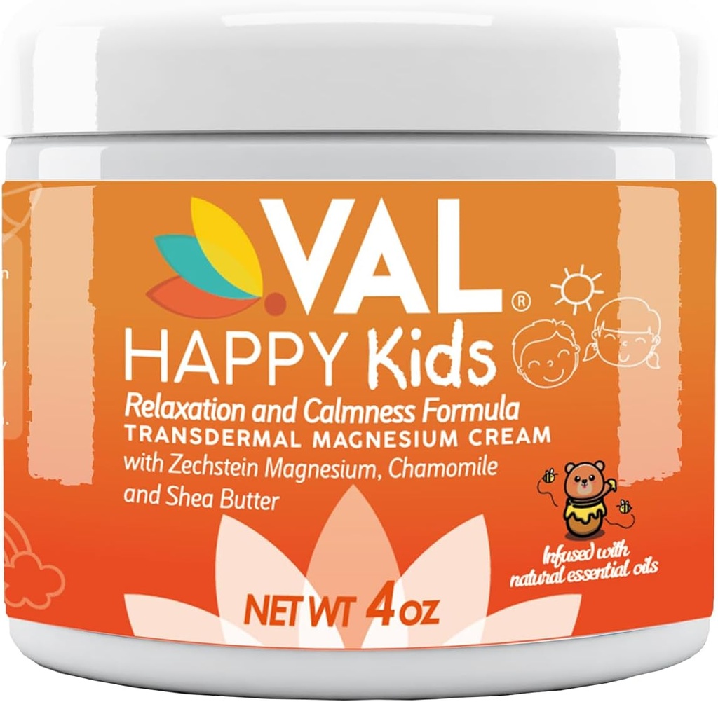 VAL Magnesium Cream til børn er 124; Afslapning for Daytime & Bedtime Routine er 124; Gentle Zechstein Magnesiumchlorid er 124; Rolig & Mood Support er 124; med Kamille, Shea Butter & Essential Oliils er 124; USA Made Deed 124; 4oz